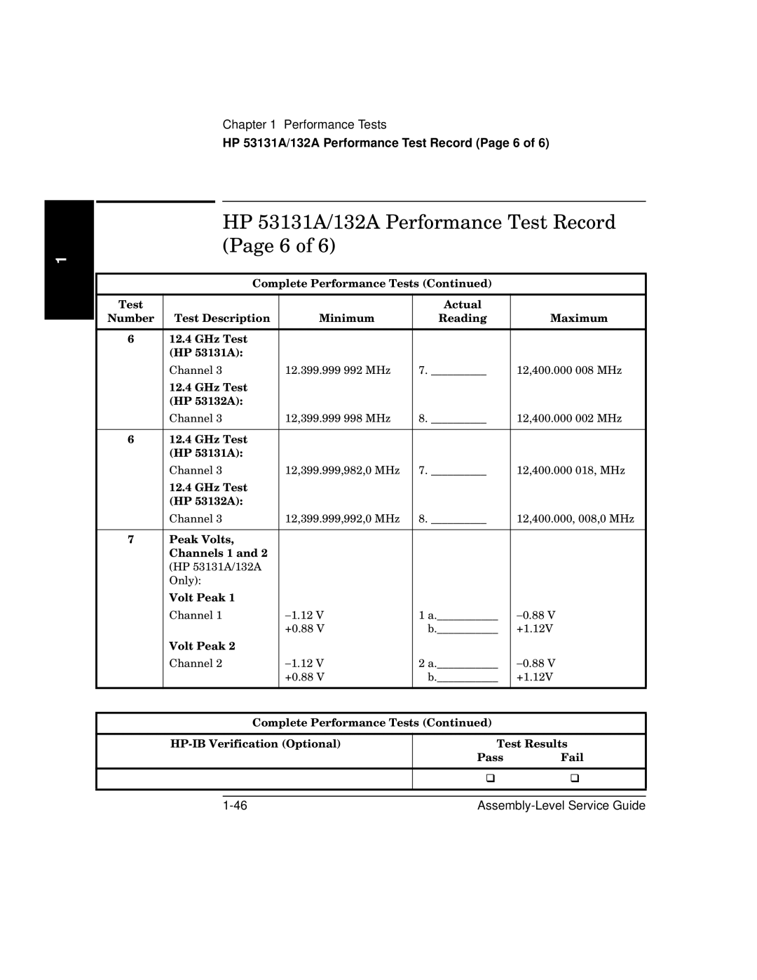 HP 181A manual HP 53131A/132A Performance Test Record Page 6 