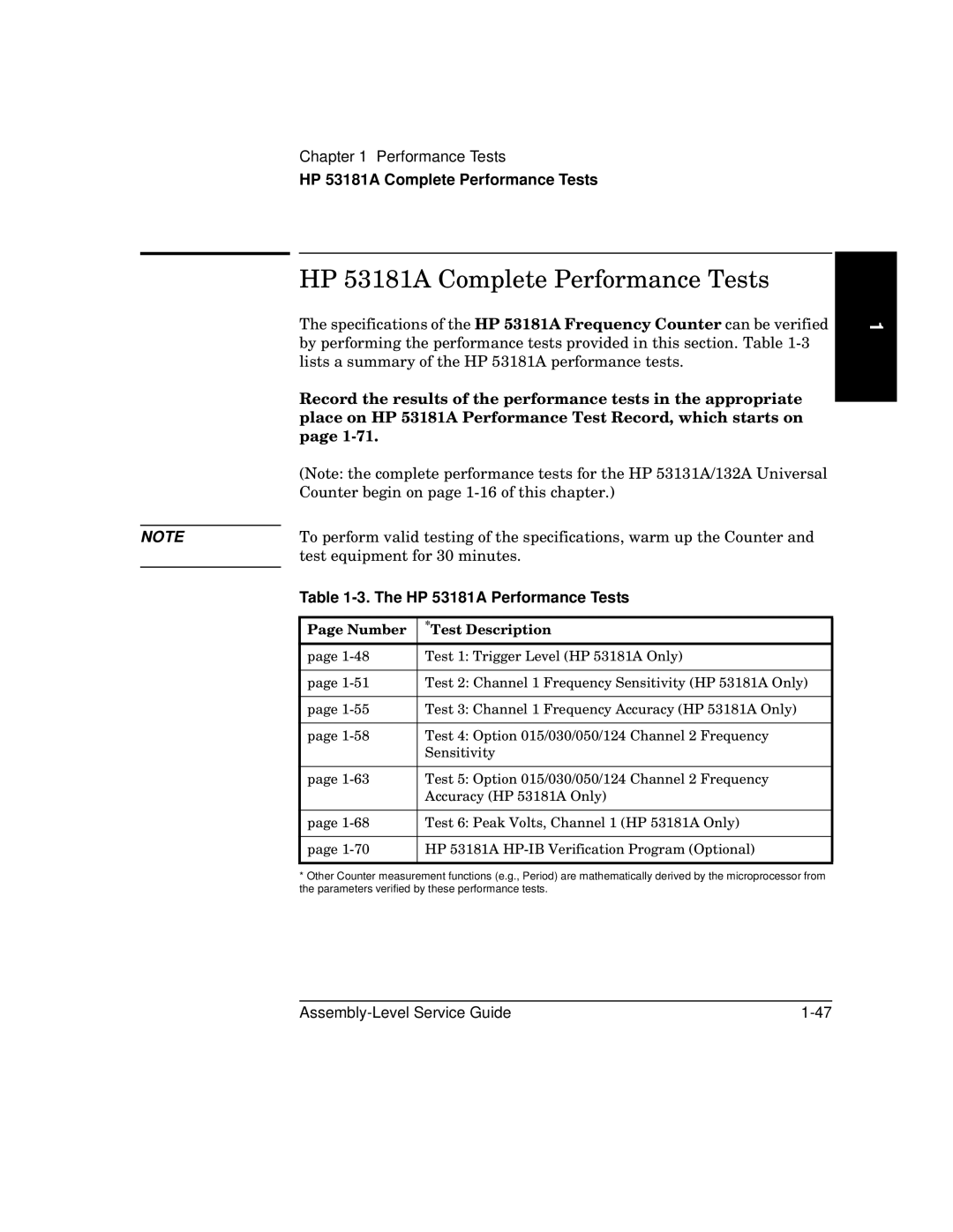 HP manual HP 53181A Complete Performance Tests, HP 53181A Performance Tests 