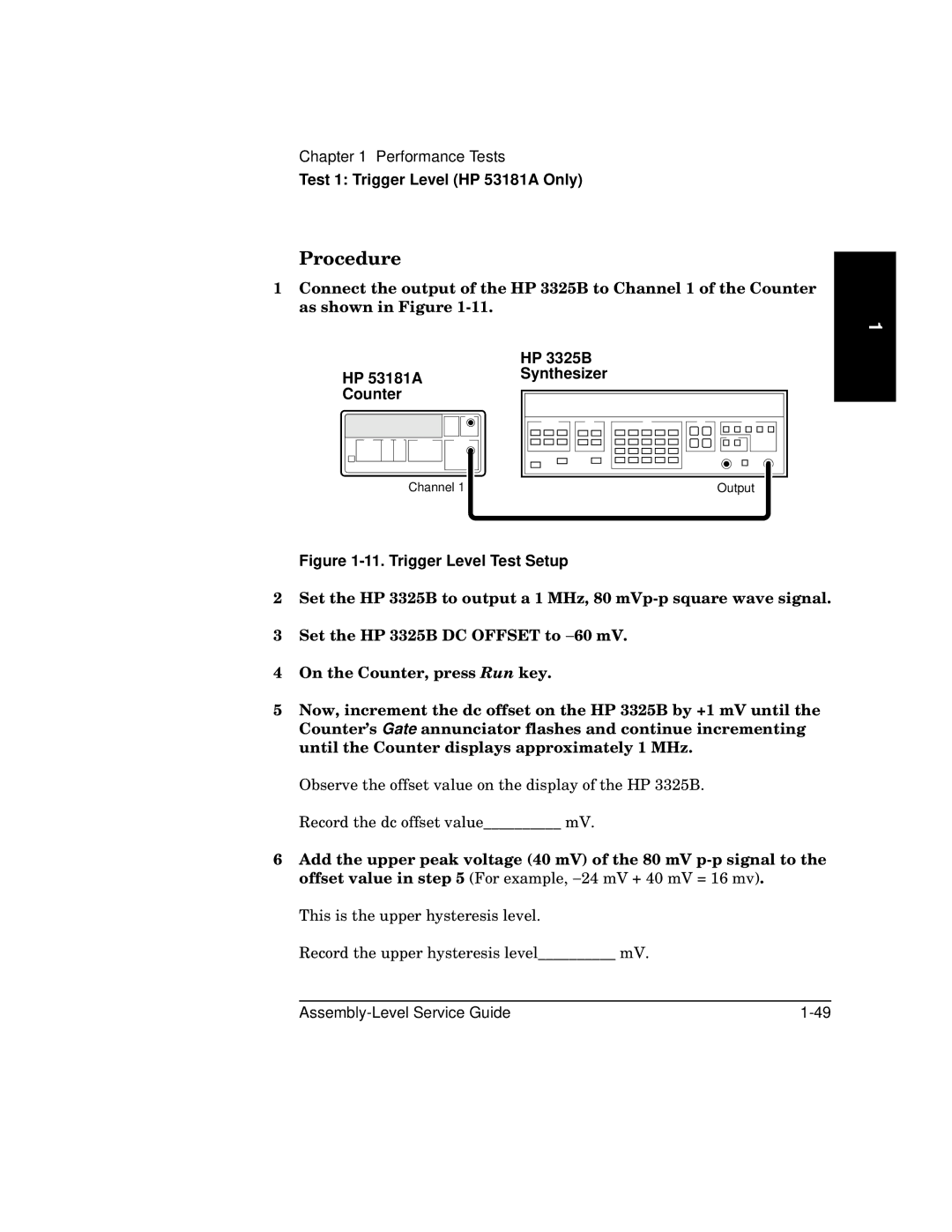 HP manual HP 3325B HP 53181ASynthesizer Counter, Trigger Level Test Setup 