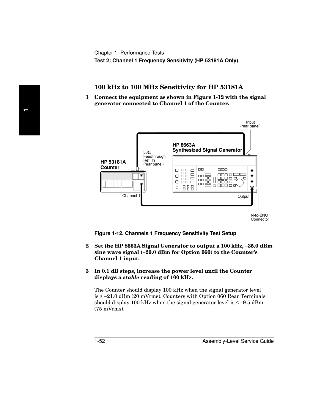 HP manual KHz to 100 MHz Sensitivity for HP 53181A, Channels 1 Frequency Sensitivity Test Setup 