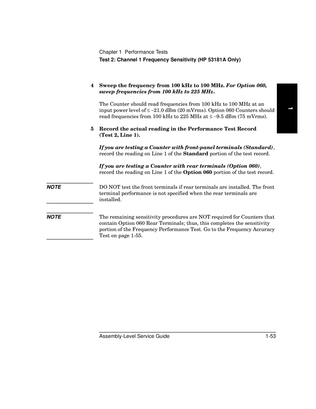 HP manual Test 2 Channel 1 Frequency Sensitivity HP 53181A Only 