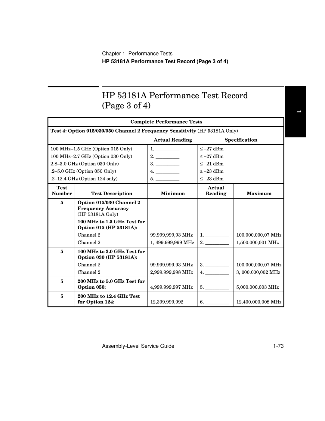 HP manual HP 53181A Performance Test Record Page 3 