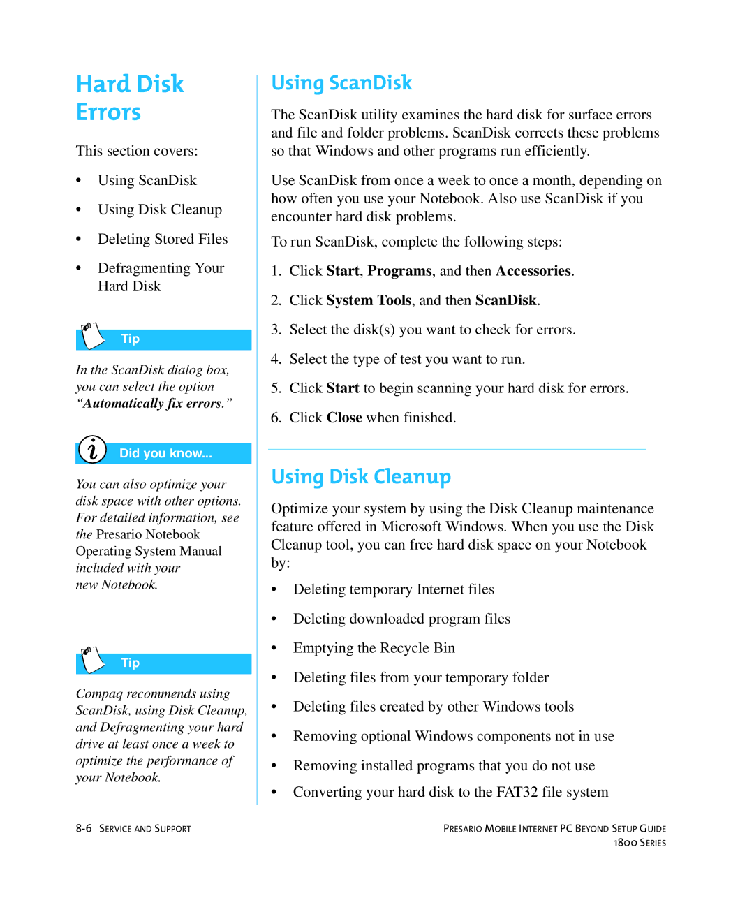 HP 18XL280 manual Hard Disk Errors, Using ScanDisk, Using Disk Cleanup 