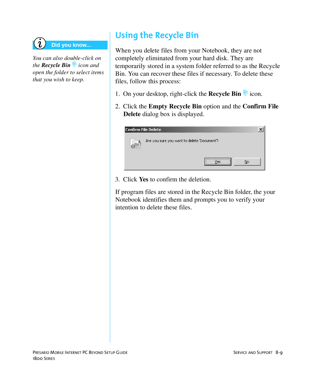 HP 18XL280 manual Using the Recycle Bin 