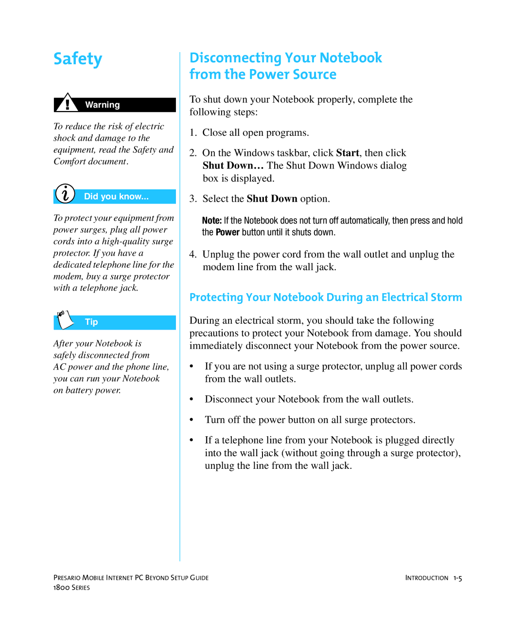 HP 18XL280 manual Safety, Protecting Your Notebook During an Electrical Storm 