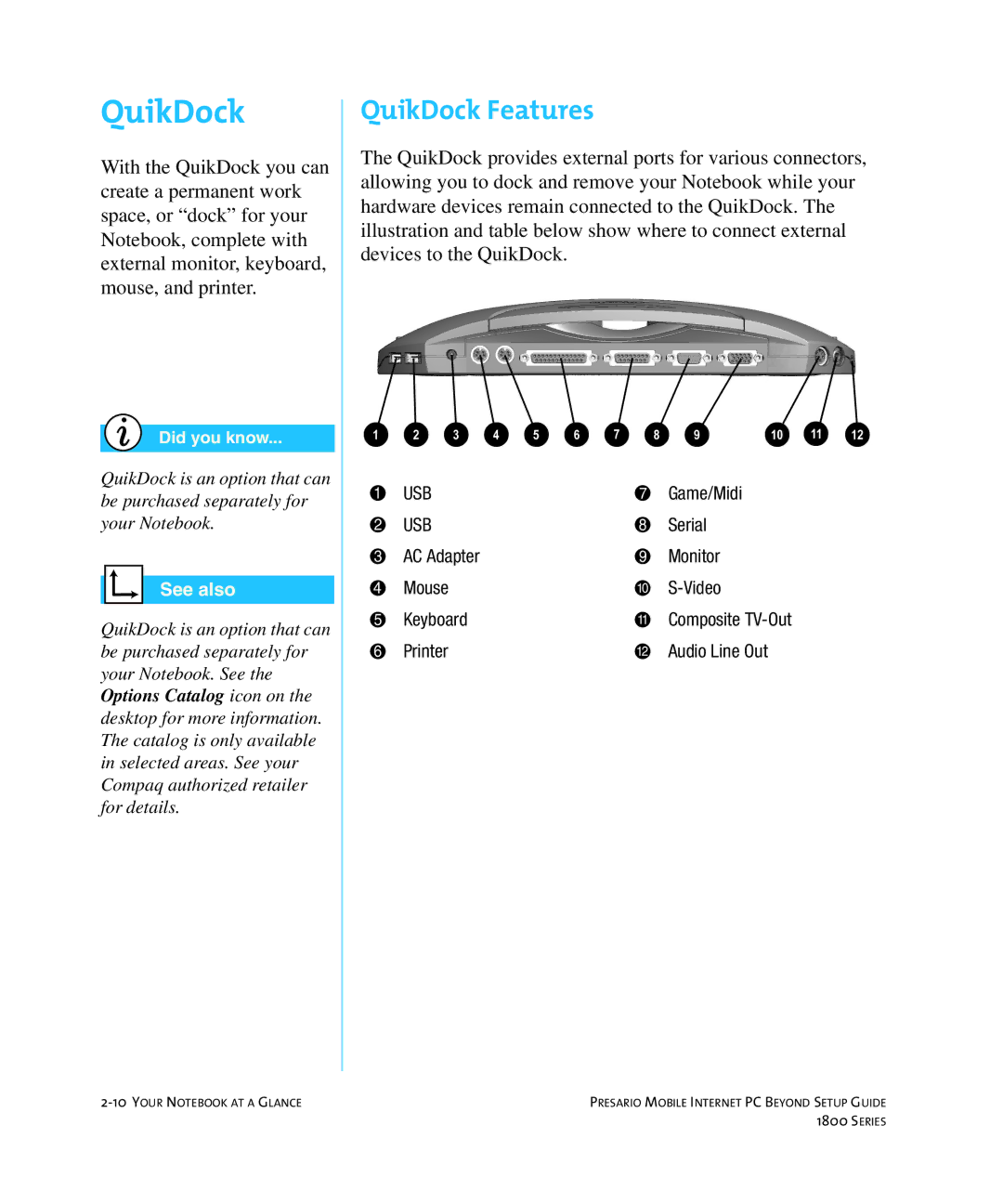 HP 18XL280 manual QuikDock Features 