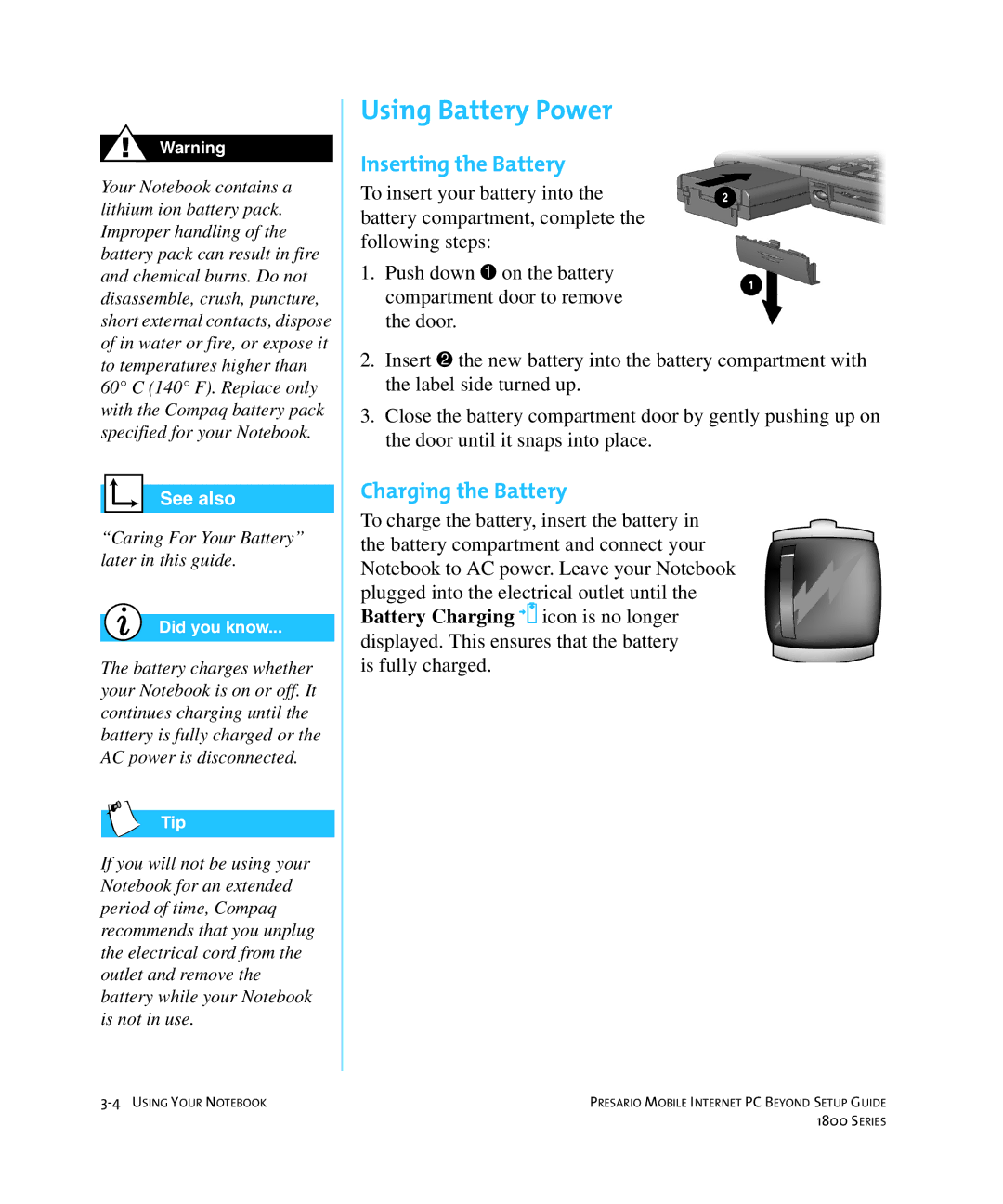 HP 18XL280 manual Using Battery Power, Inserting the Battery, Charging the Battery 