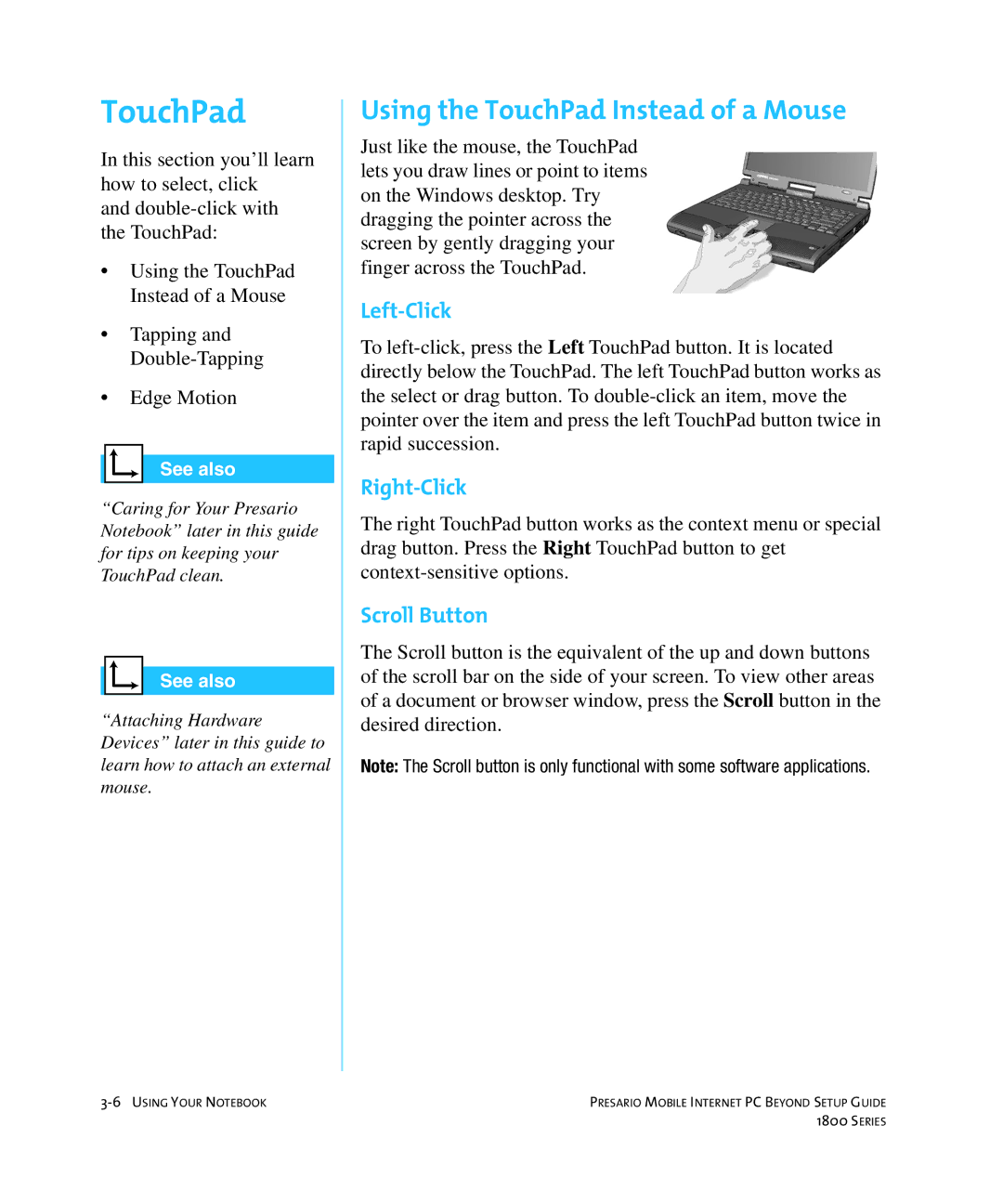 HP 18XL280 manual Using the TouchPad Instead of a Mouse, Left-Click, Right-Click, Scroll Button 