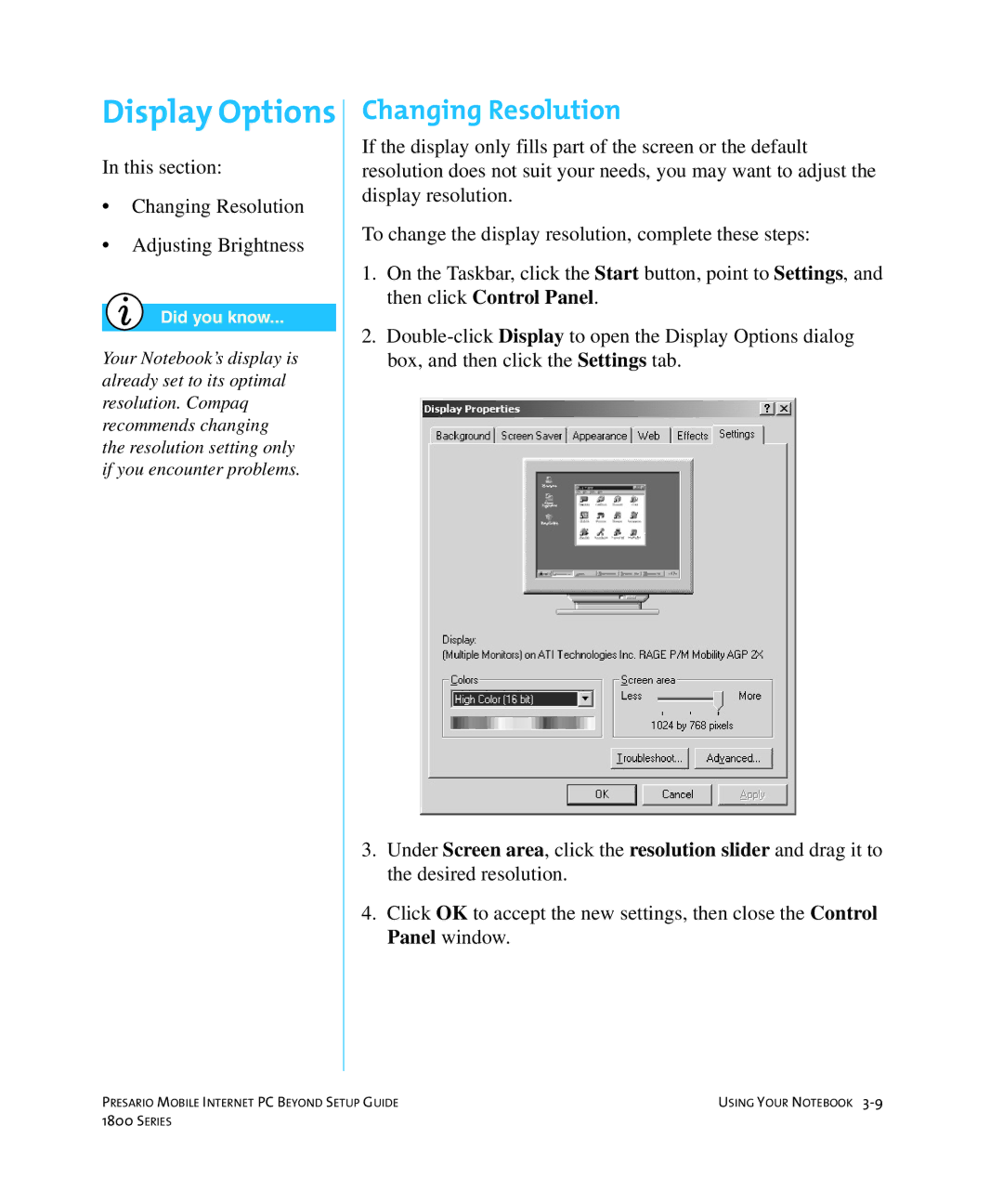 HP 18XL280 manual Display Options, Changing Resolution 