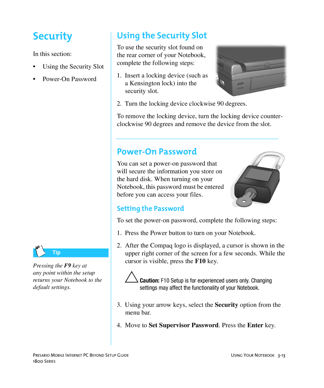 HP 18XL280 manual Using the Security Slot, Power-On Password, Setting the Password 