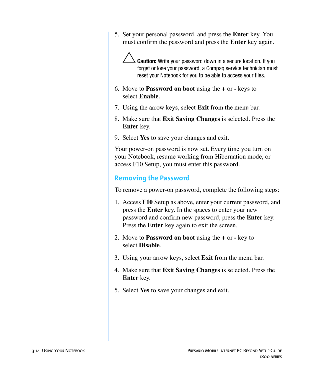 HP 18XL280 manual Removing the Password 