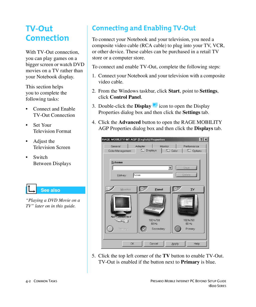 HP 18XL280 manual TV-Out Connection, Connecting and Enabling TV-Out 