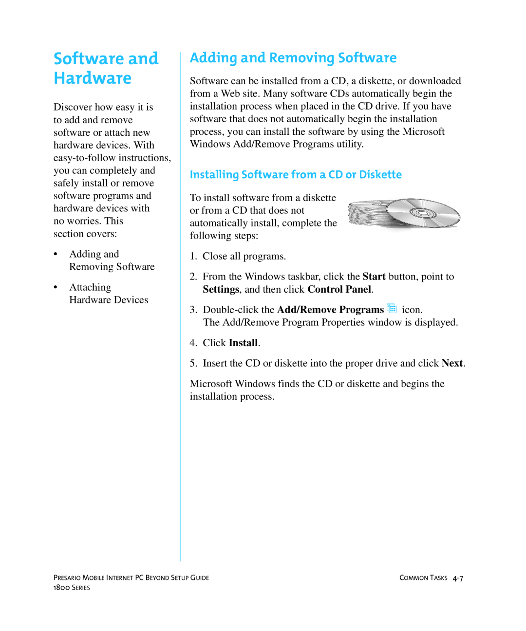 HP 18XL280 manual Adding and Removing Software, Installing Software from a CD or Diskette 