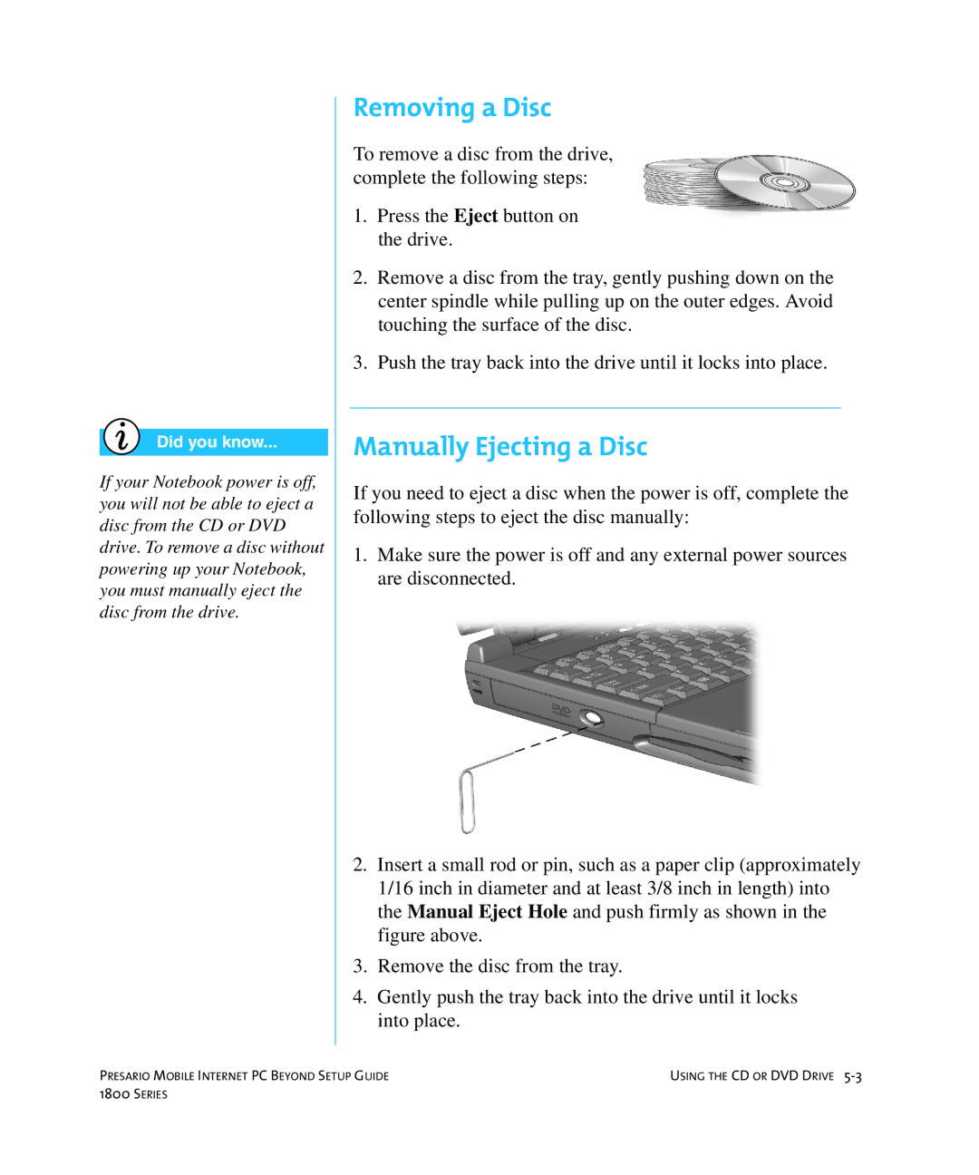 HP 18XL280 manual Removing a Disc, Manually Ejecting a Disc 