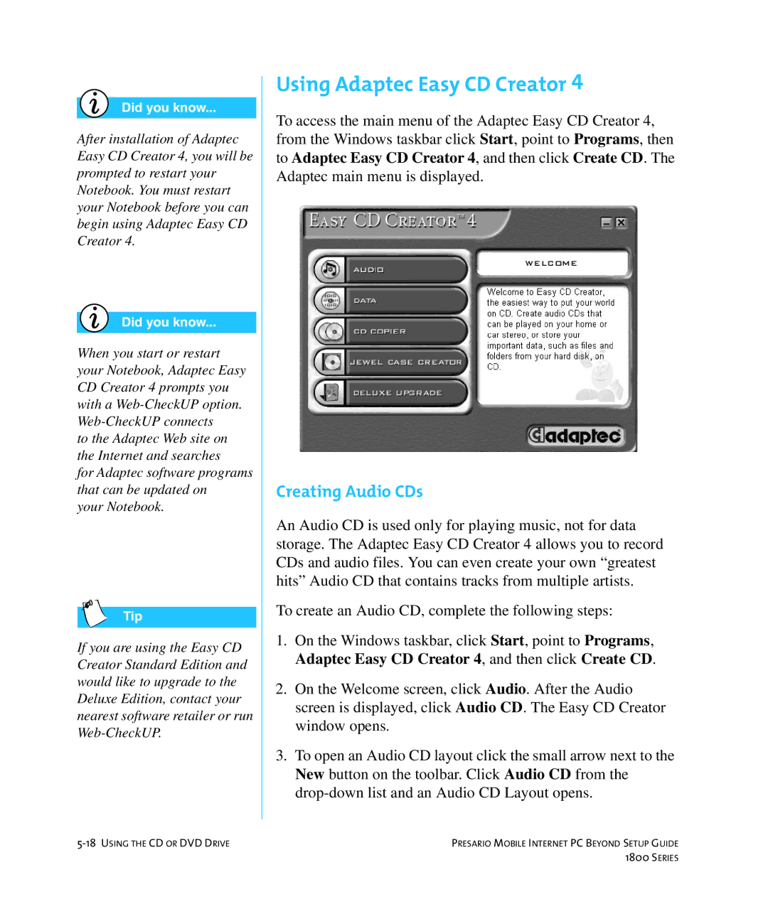 HP 18XL280 manual Using Adaptec Easy CD Creator, Creating Audio CDs 