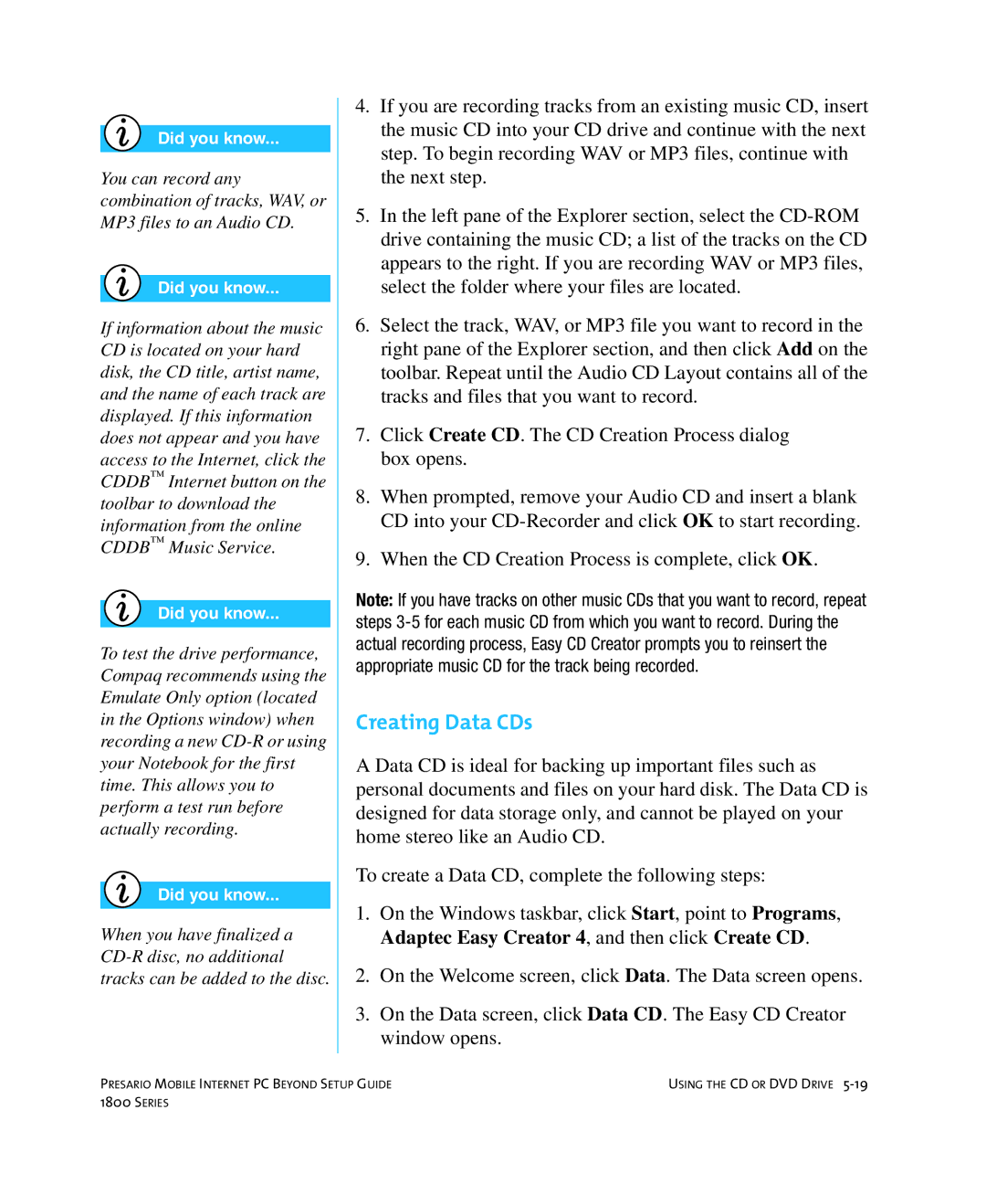 HP 18XL280 manual Creating Data CDs 