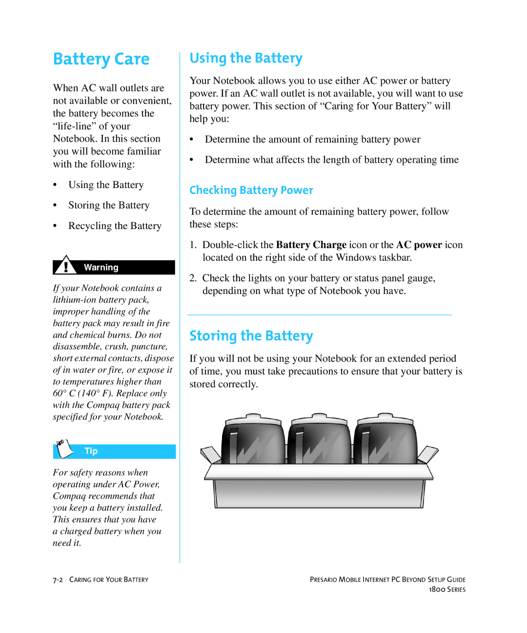 HP 18XL280 manual Battery Care, Using the Battery, Storing the Battery, Checking Battery Power 