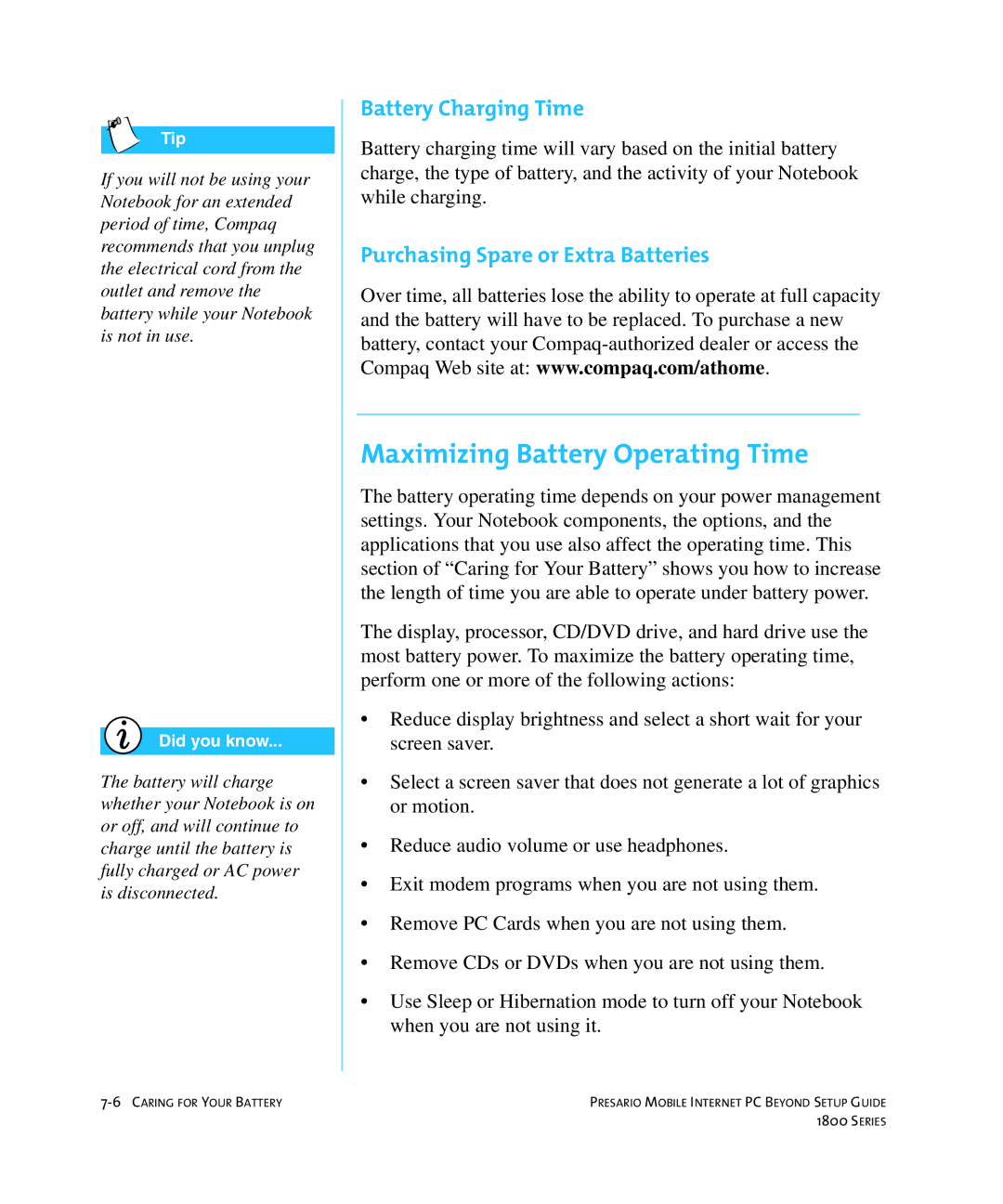 HP 18XL280 manual Maximizing Battery Operating Time, Battery Charging Time, Purchasing Spare or Extra Batteries 