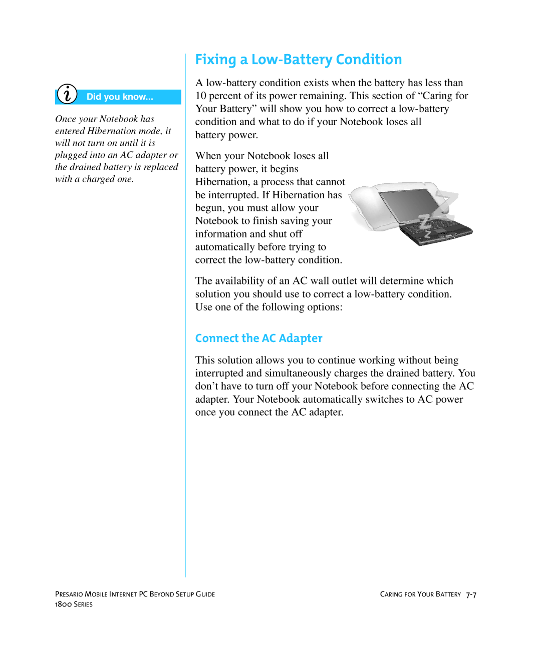 HP 18XL280 manual Fixing a Low-Battery Condition, Connect the AC Adapter 