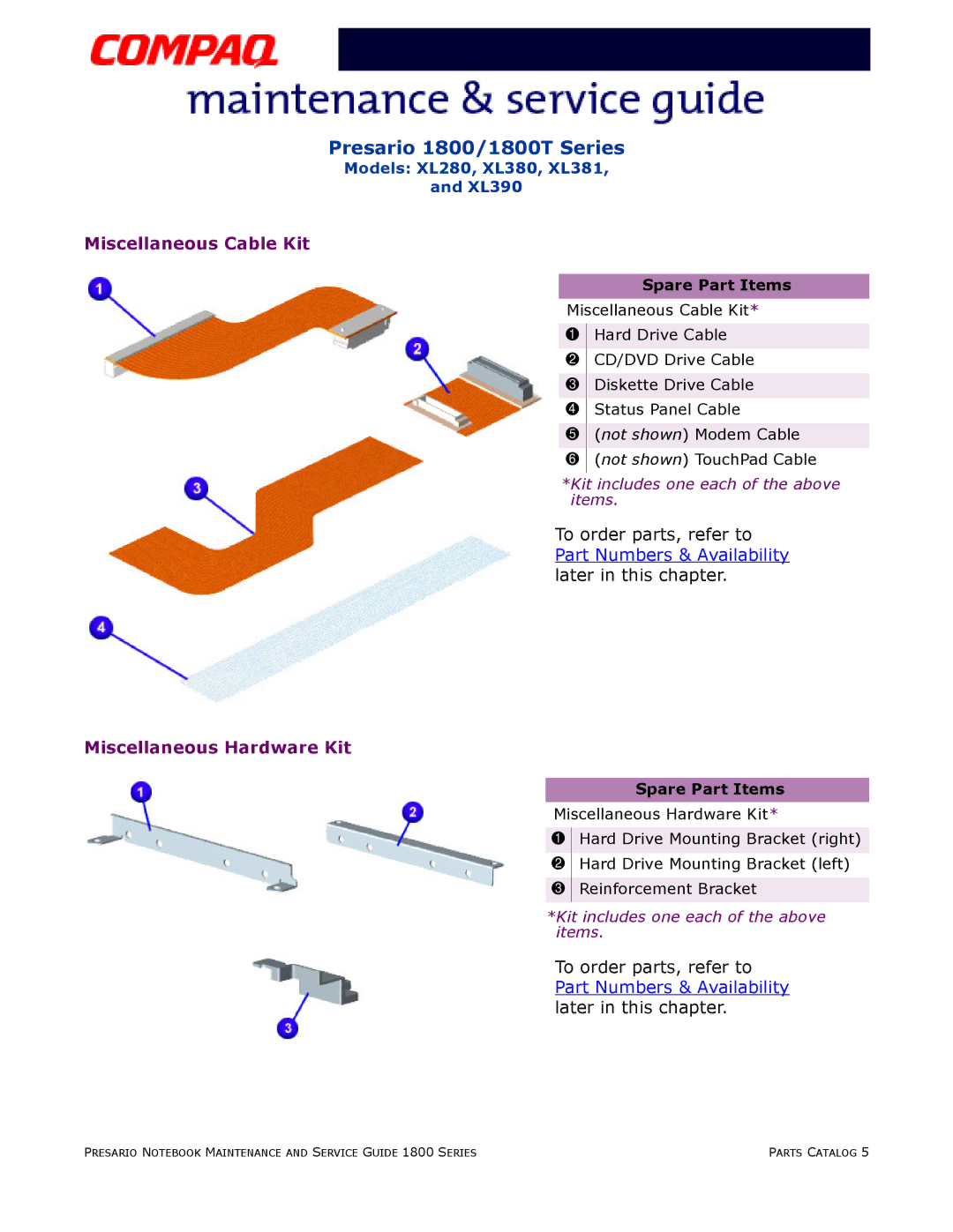 HP 18XL381 manual Miscellaneous Cable Kit 