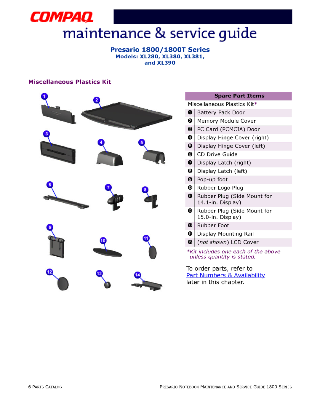 HP 18XL381 manual Miscellaneous Plastics Kit 