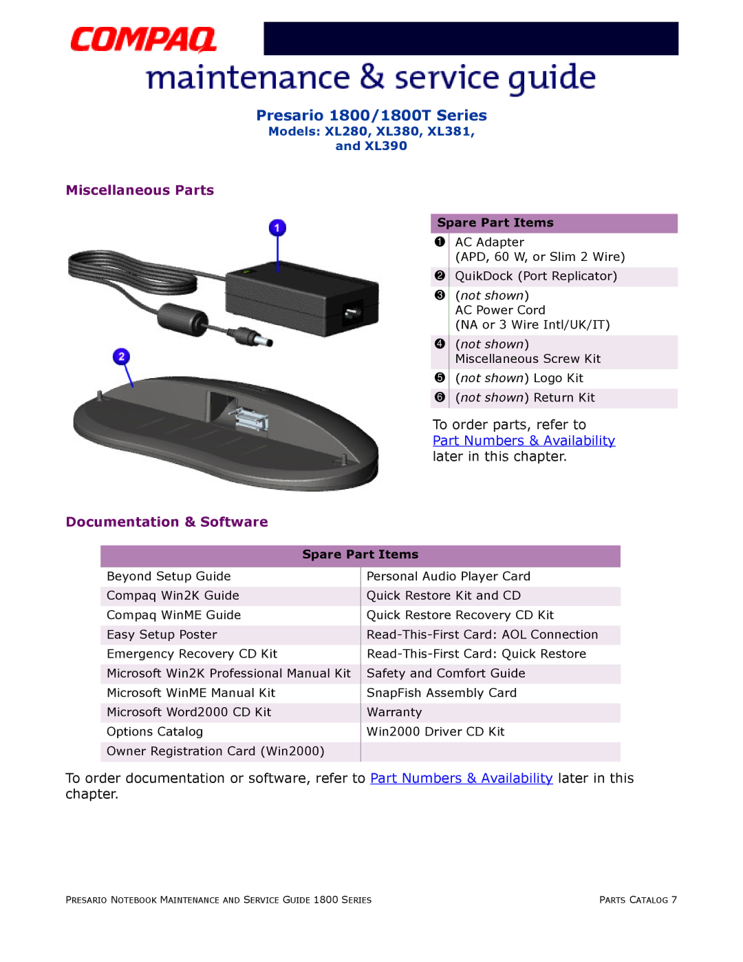 HP 18XL381 manual Miscellaneous Parts 