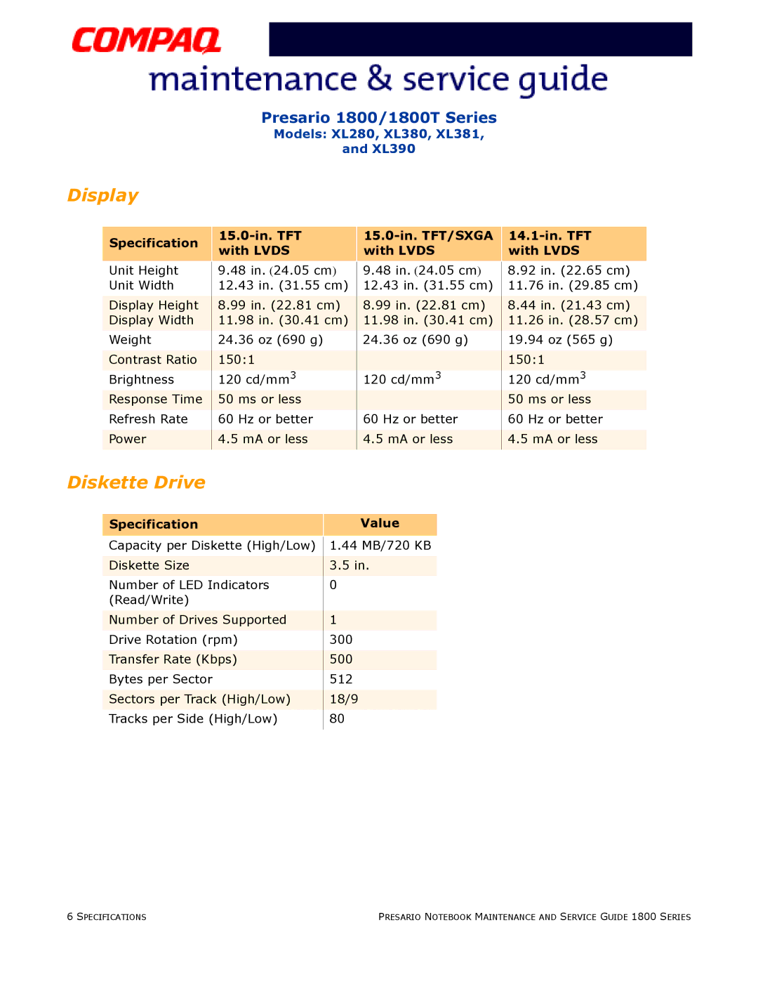 HP 18XL381 manual Display, SpecificationValue 