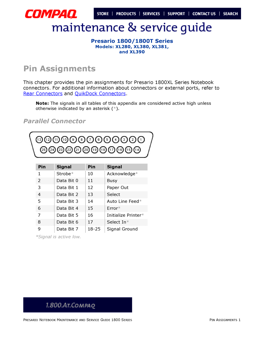 HP 18XL381 manual Pin Assignments, Pin Signal 