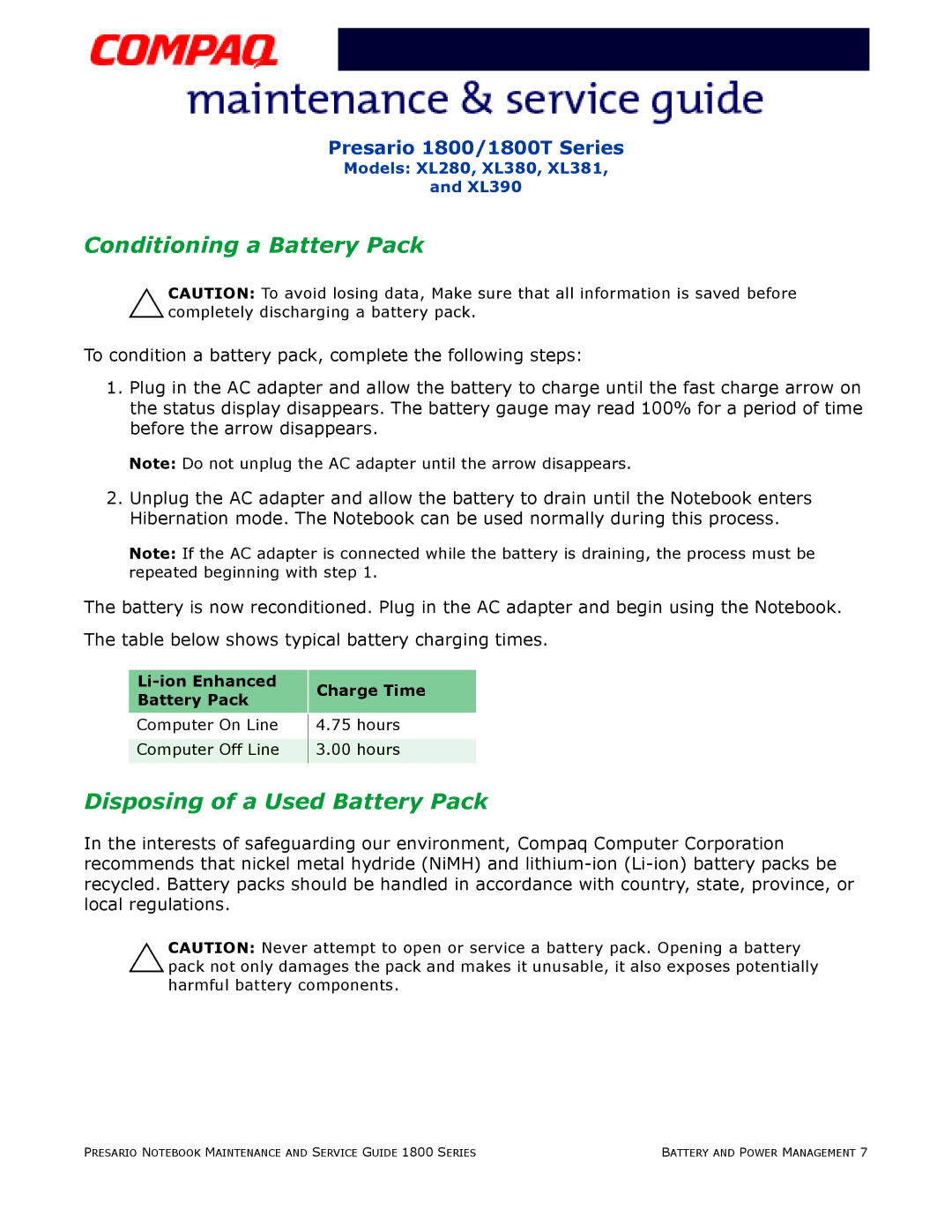 HP 18XL381 manual Conditioning a Battery Pack, Li-ion Enhanced Charge Time Battery Pack 