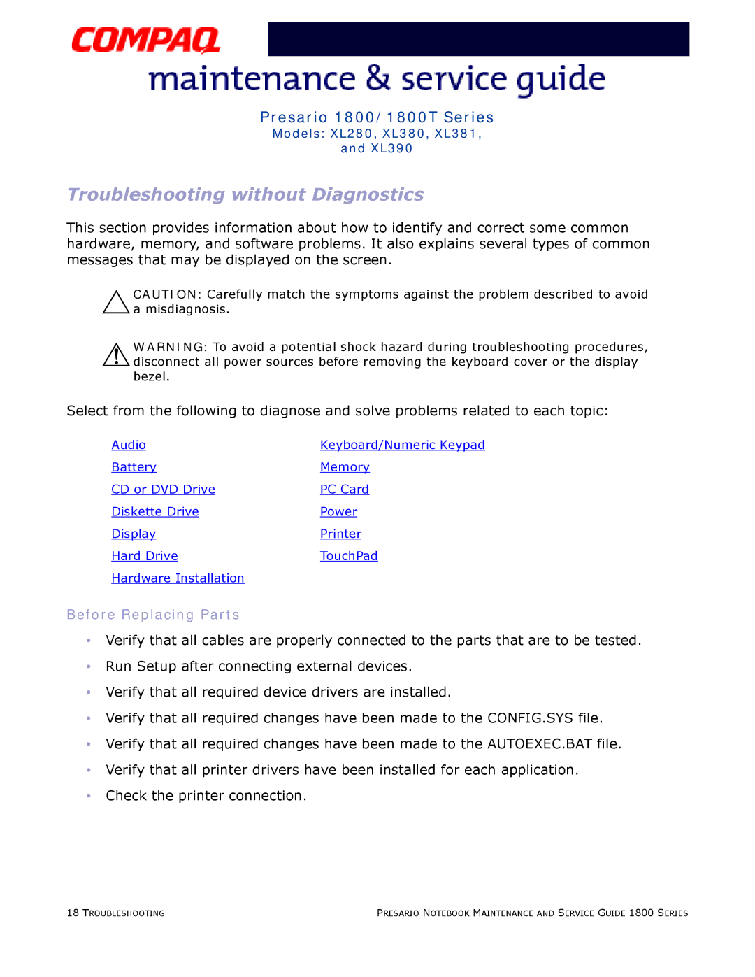 HP 18XL381 manual Troubleshooting without Diagnostics, Before Replacing Parts 