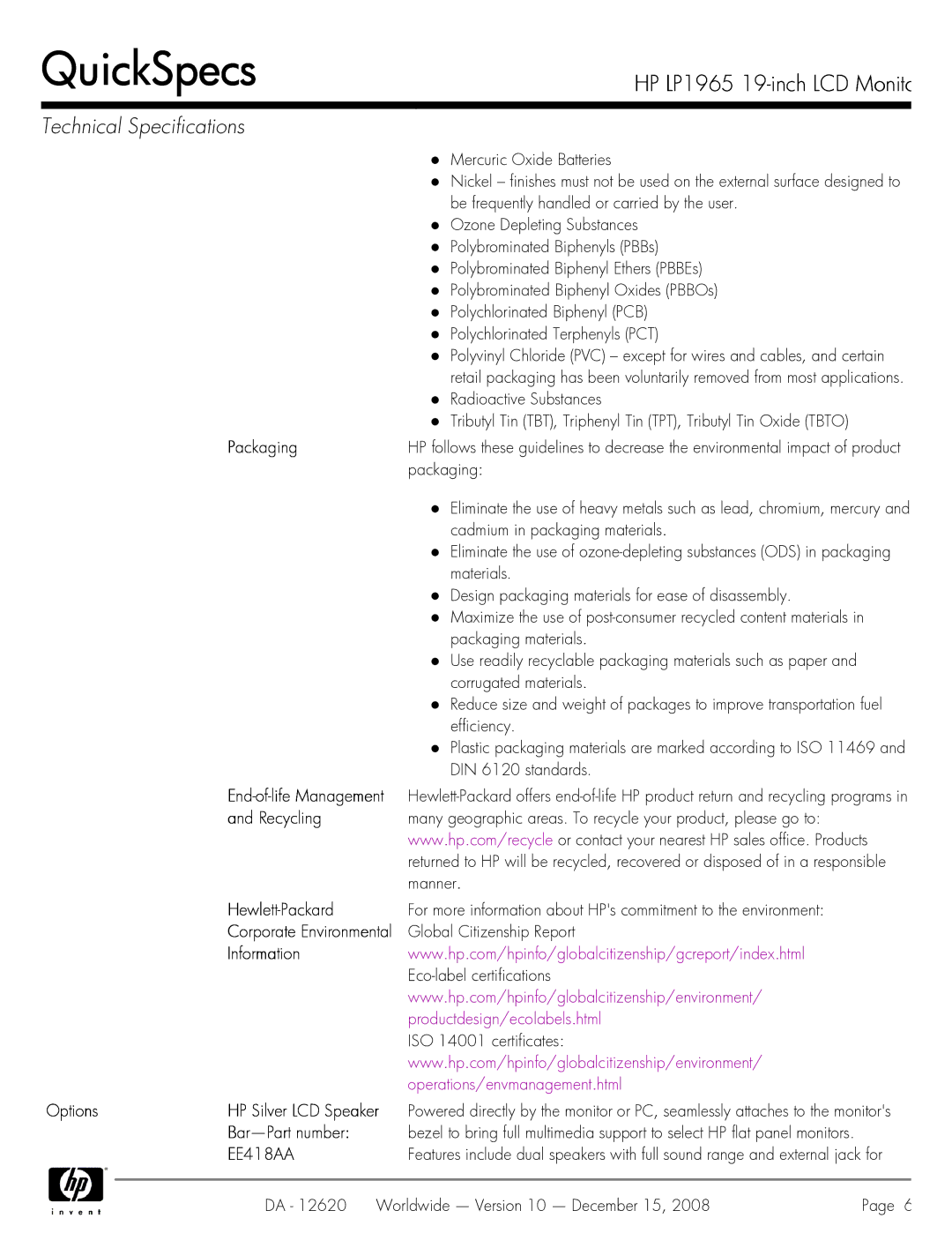 HP 19 INch LP1965 manual Packaging, Recycling, Hewlett-Packard, Information, Options HP Silver LCD Speaker, Bar-Part number 