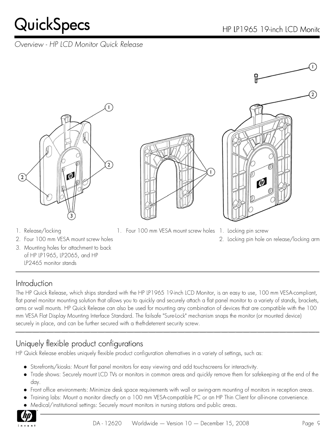 HP 19 INch LP1965 manual Introduction, Overview HP LCD Monitor Quick Release 