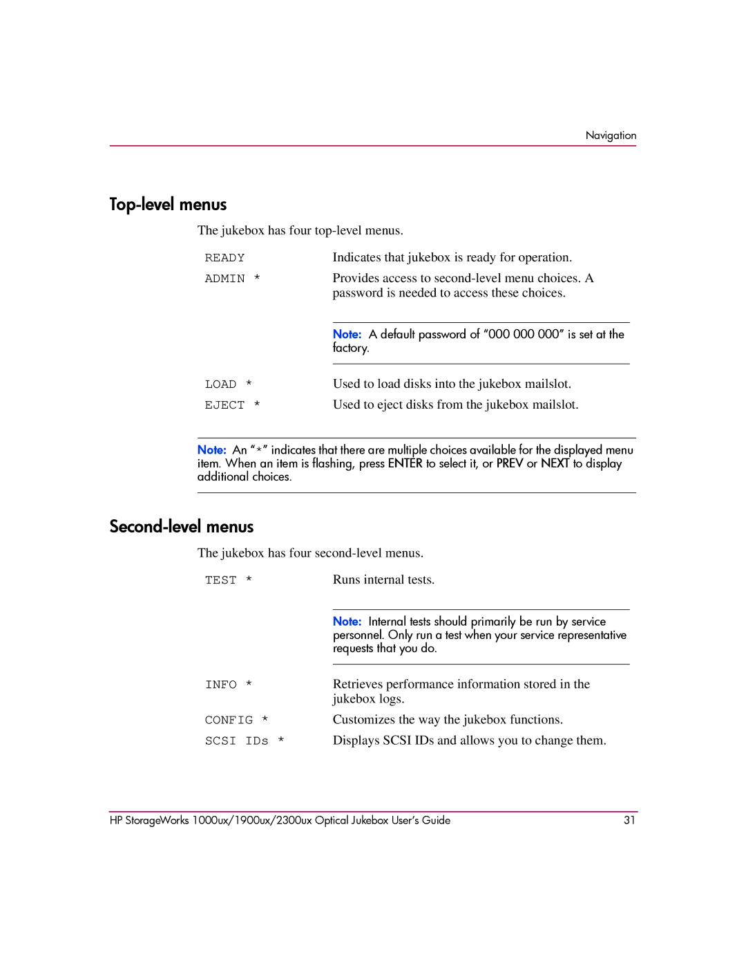 HP 2300ux, 1900ux, 1000ux manual Top-level menus, Second-level menus 