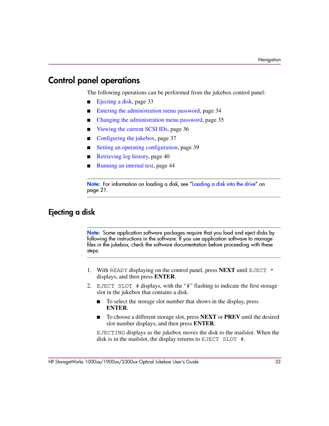 HP 1900ux, 2300ux, 1000ux manual Control panel operations, Ejecting a disk 