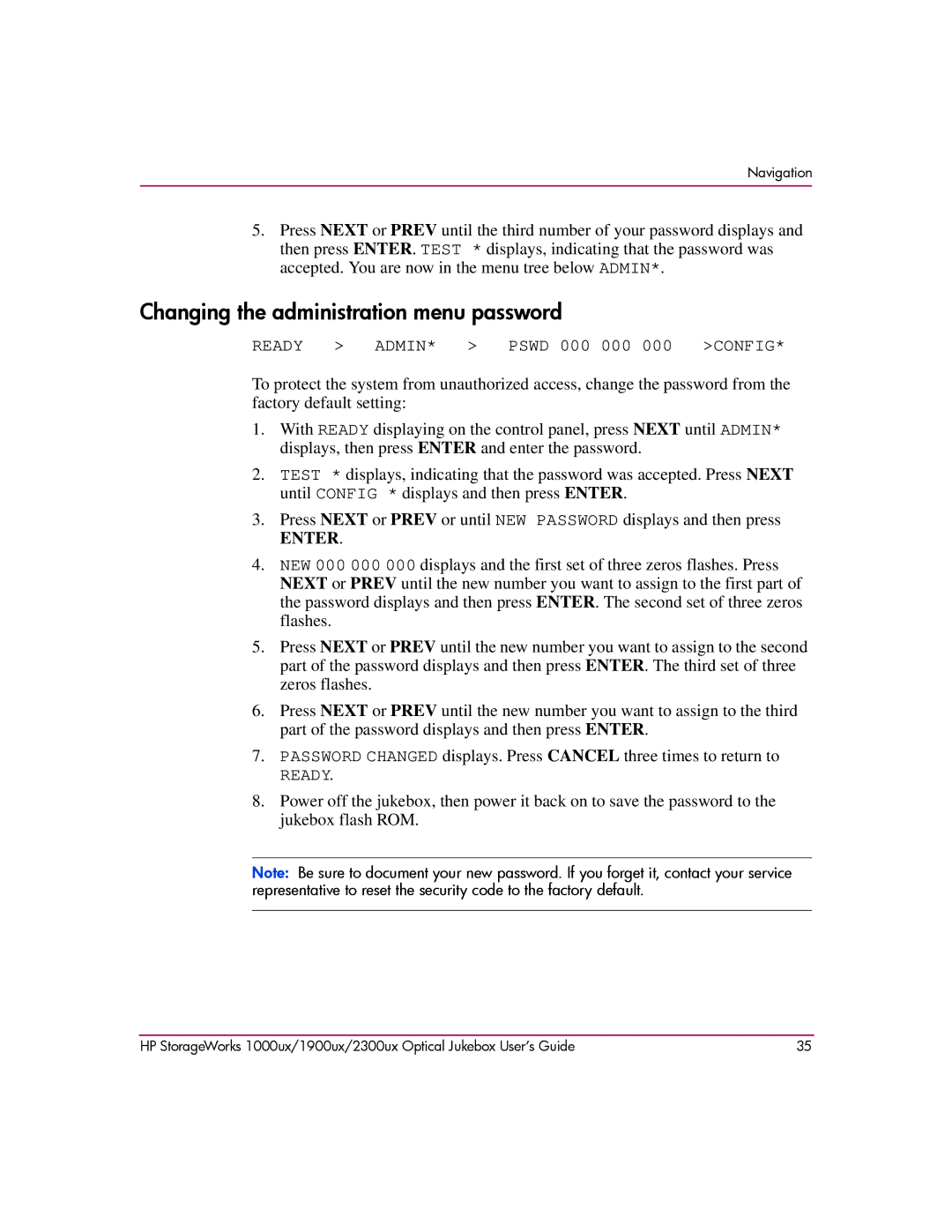 HP 1000ux, 1900ux, 2300ux manual Changing the administration menu password 