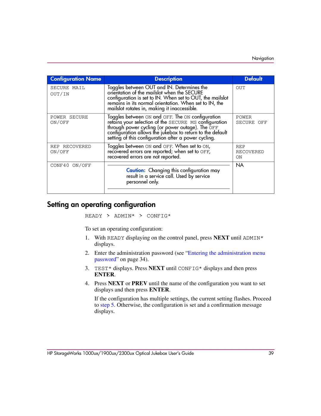 HP 1900ux, 2300ux, 1000ux manual Setting an operating configuration, Out/In 