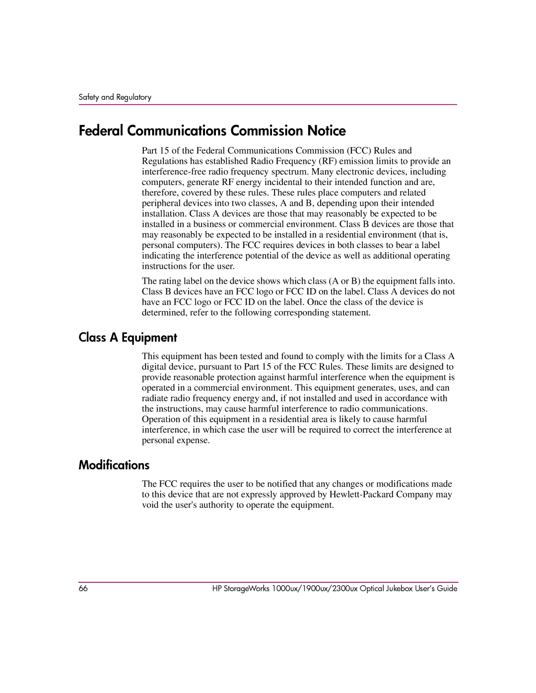 HP 1900ux, 2300ux, 1000ux manual Federal Communications Commission Notice, Class a Equipment, Modifications 