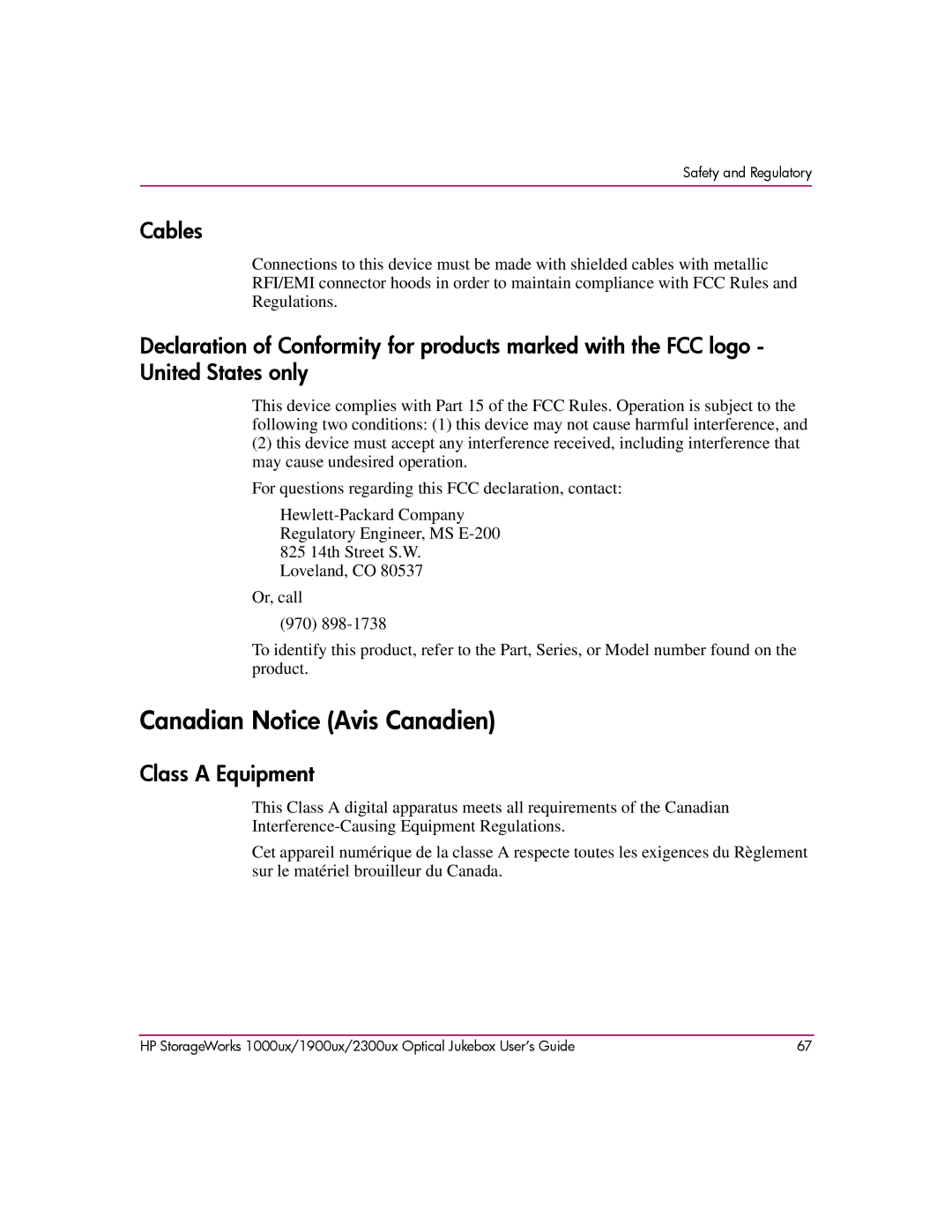 HP 2300ux, 1900ux, 1000ux manual Canadian Notice Avis Canadien, Cables 