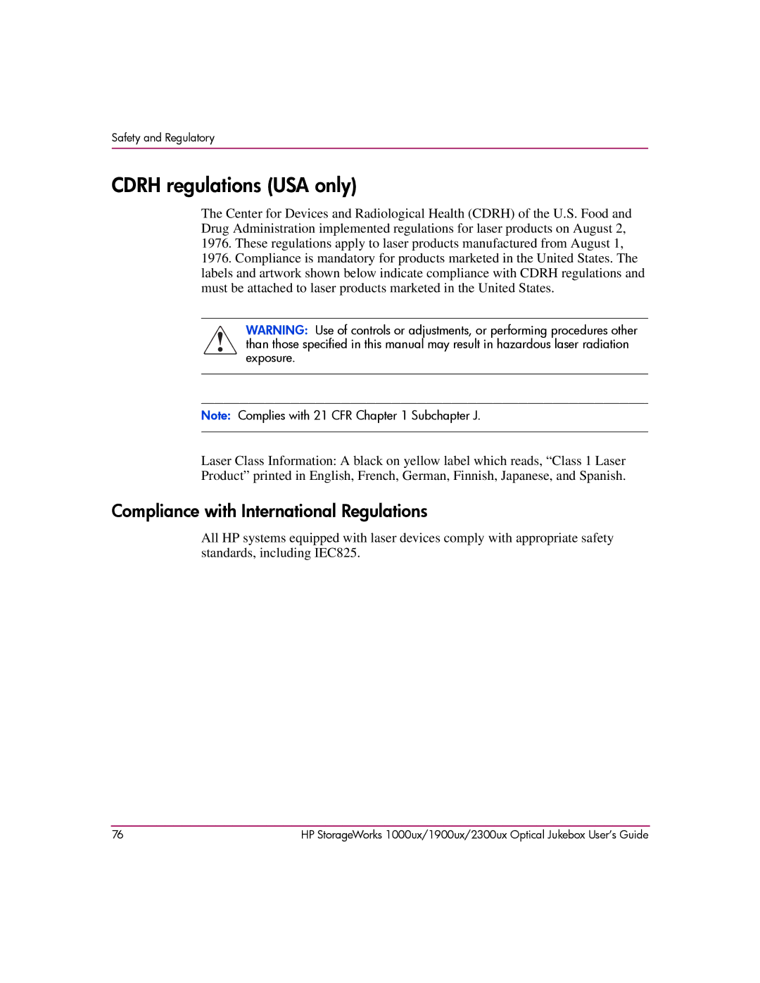 HP 2300ux, 1900ux, 1000ux manual Cdrh regulations USA only, Compliance with International Regulations 