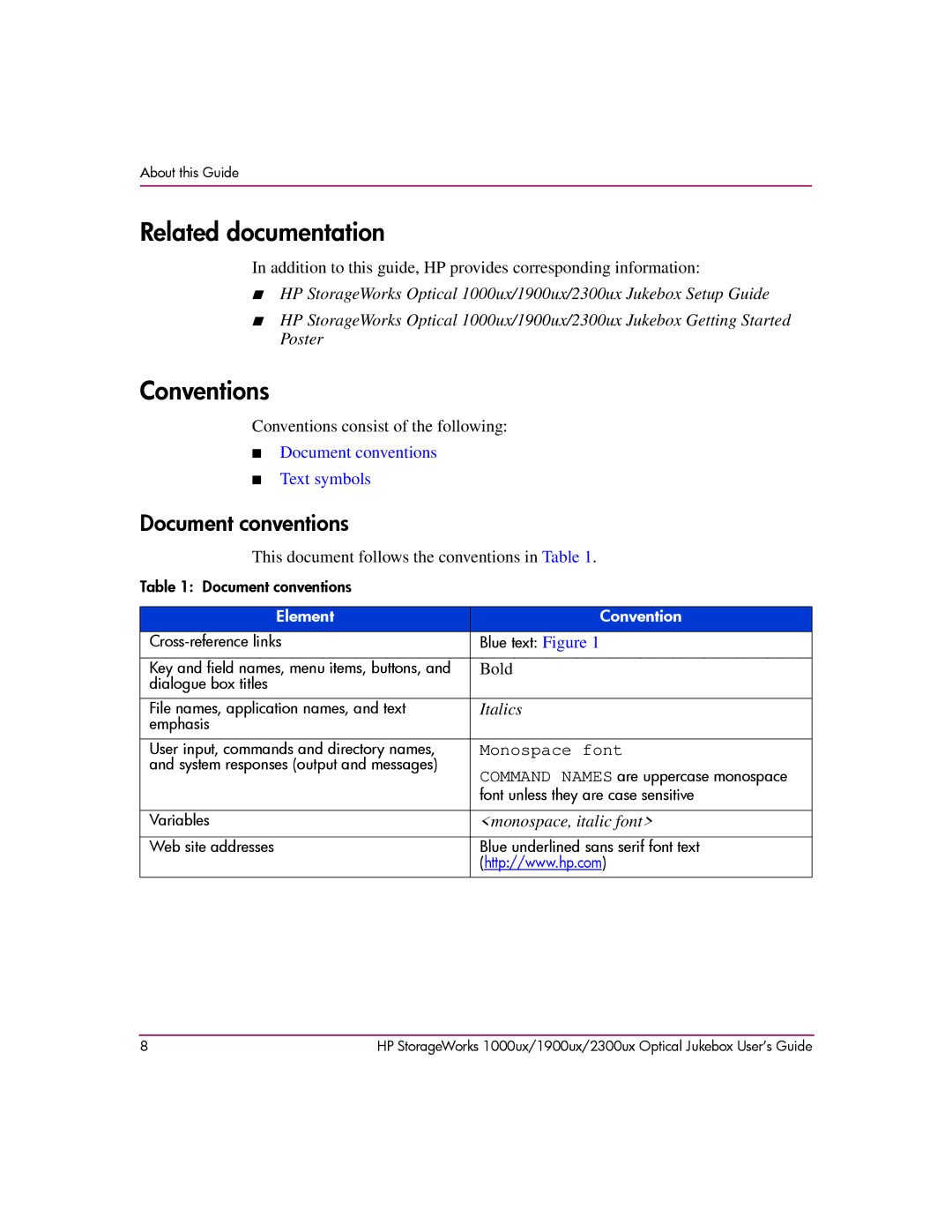 HP 1000ux, 1900ux, 2300ux manual Related documentation, Conventions, Document conventions 