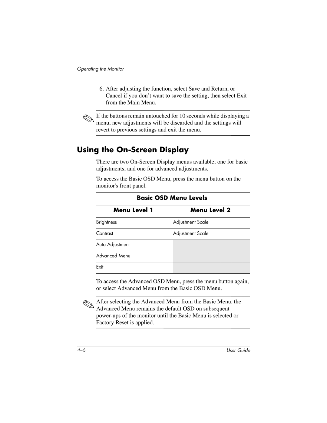 HP 1706, 1906, 1506 manual Using the On-Screen Display, Basic OSD Menu Levels 