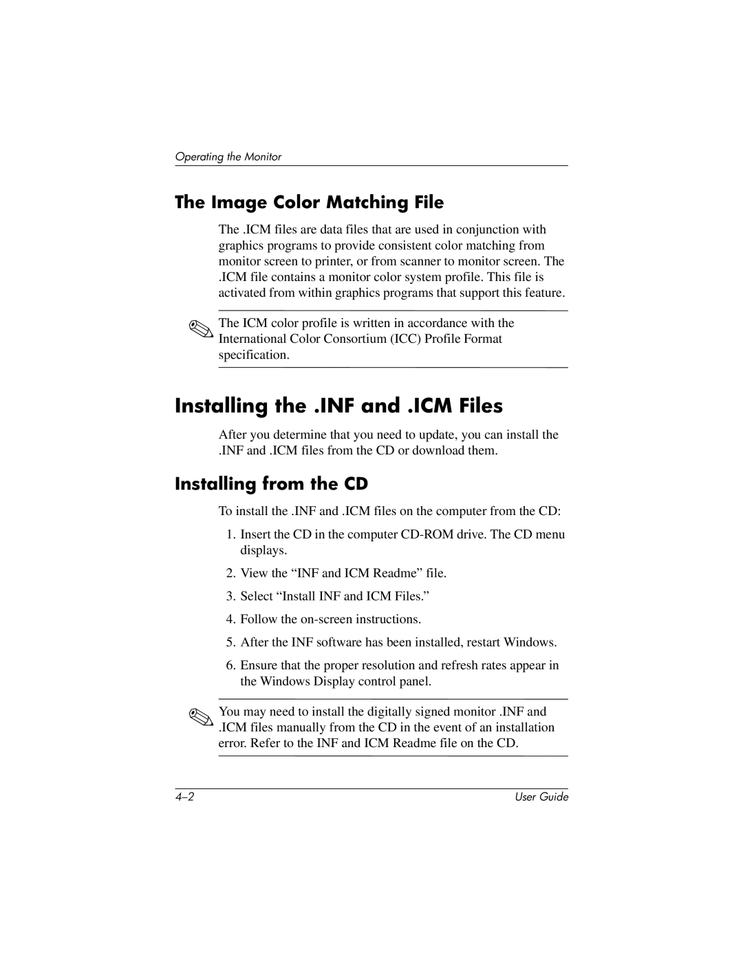 HP 1906, 1706, 1506 manual Installing the .INF and .ICM Files, Image Color Matching File, Installing from the CD 