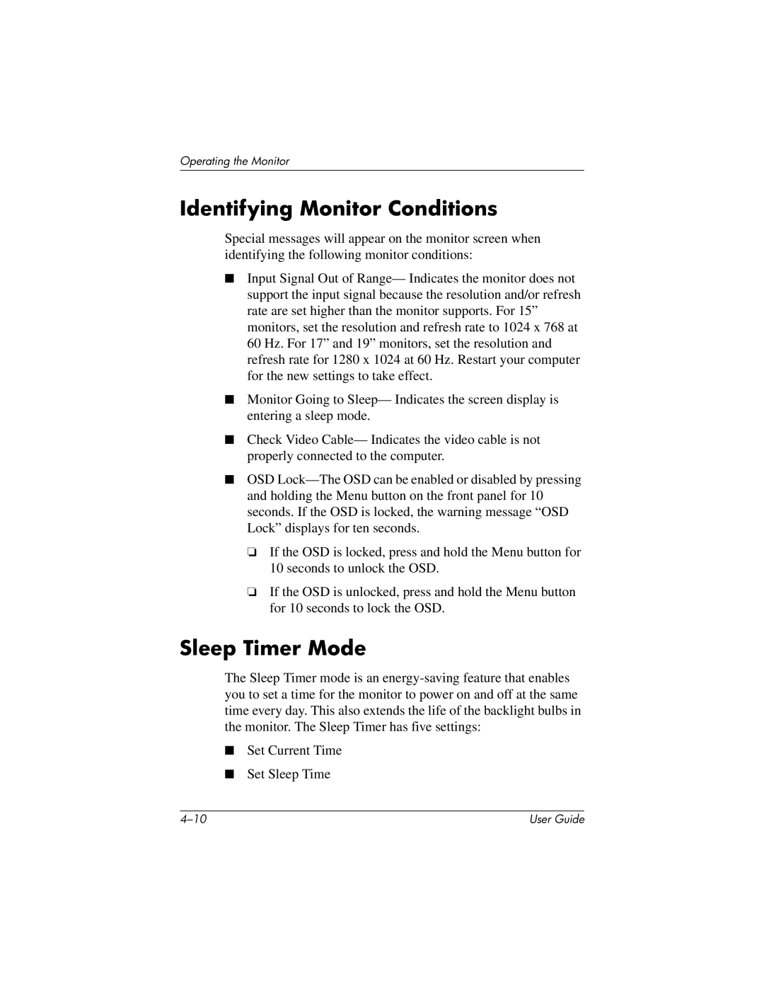 HP 1506, 1906, 1706 manual Identifying Monitor Conditions, Sleep Timer Mode 