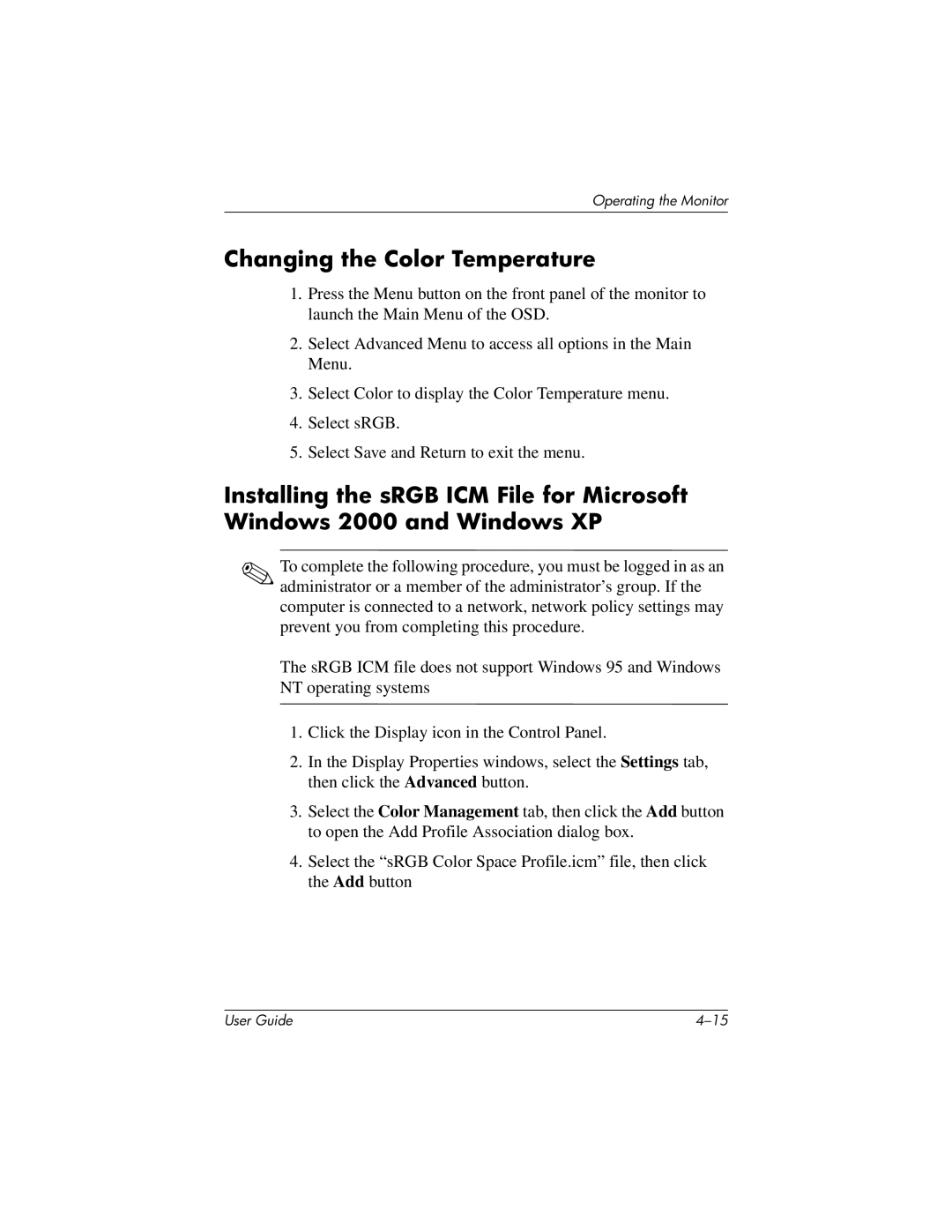 HP 1706, 1906, 1506 manual Changing the Color Temperature 