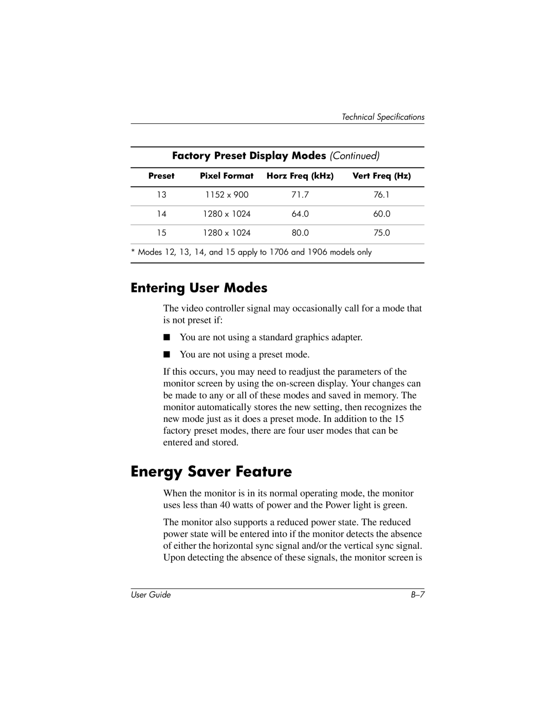 HP 1906, 1706, 1506 manual Energy Saver Feature, Entering User Modes 