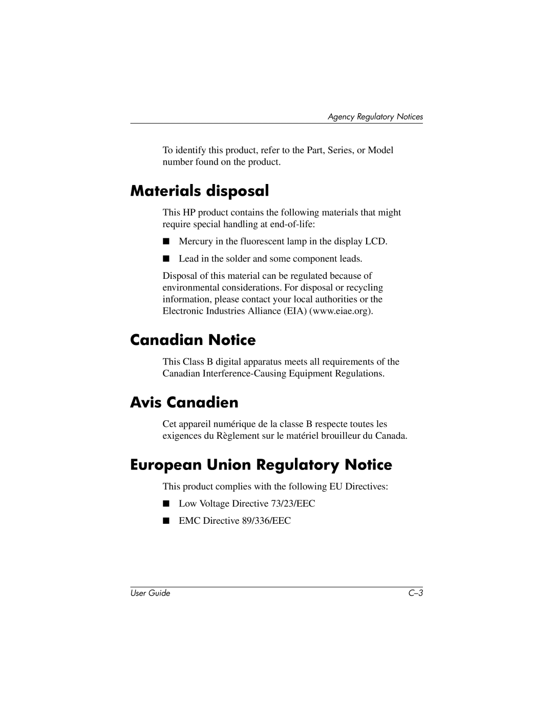 HP 1706, 1906, 1506 manual Materials disposal, Canadian Notice, Avis Canadien, European Union Regulatory Notice 