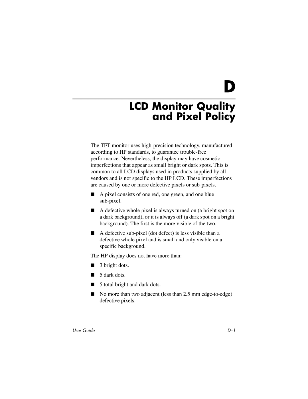 HP 1506, 1906, 1706 manual LCD Monitor Quality and Pixel Policy 