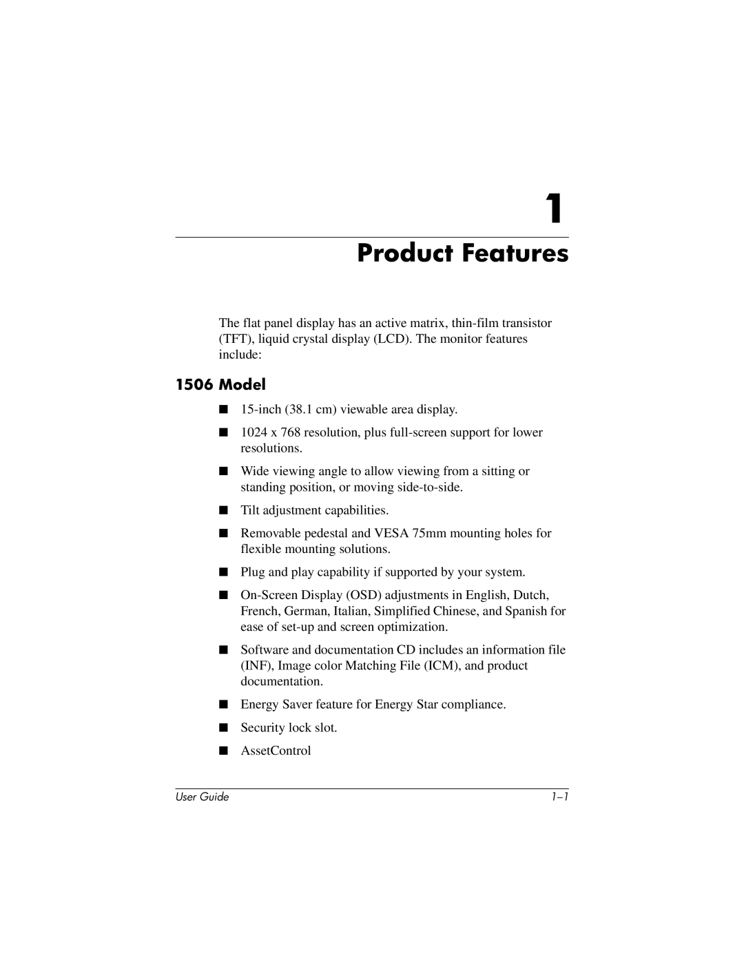 HP 1706, 1906, 1506 manual Product Features, Model 