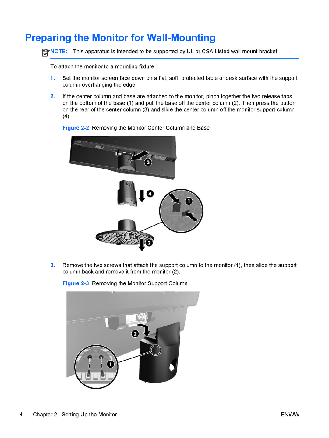 HP 1912NM, 1912NC Preparing the Monitor for Wall-Mounting, 3Removing the Monitor Support Column Setting Up the Monitor 