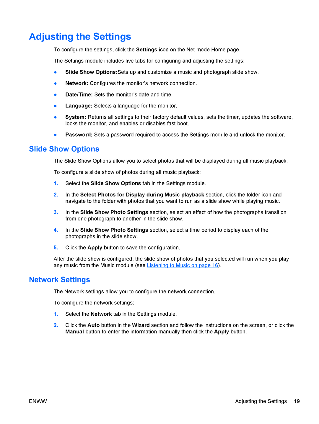 HP 1912NC, 1912NM manual Adjusting the Settings, Slide Show Options, Network Settings 